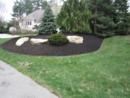 Residential landscaping project featuring a circular garden bed with decorative rocks, mulch, and evergreen shrubs, showcasing McLeod Landscaping's design and construction expertise.
