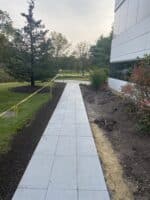 Commercial landscaping project featuring a newly installed concrete walkway surrounded by greenery and shrubs, showcasing McLeod Landscaping's hardscaping services.
