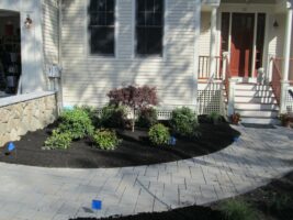 Residential landscaping project featuring a curved stone pathway, freshly mulched flower beds, and a variety of shrubs near a home entrance.