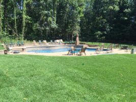 Residential landscaping featuring a well-maintained lawn surrounding a swimming pool area with lounge chairs and a patio, showcasing McLeod Landscaping's design and construction services.