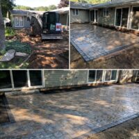 Residential hardscaping project featuring a newly installed stone patio, landscaping equipment, and a home in the background, showcasing McLeod Landscaping's masonry services.