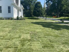 Residential landscaping project by McLeod Landscaping featuring freshly laid sod and a well-maintained lawn adjacent to a white house, showcasing quality landscaping services.